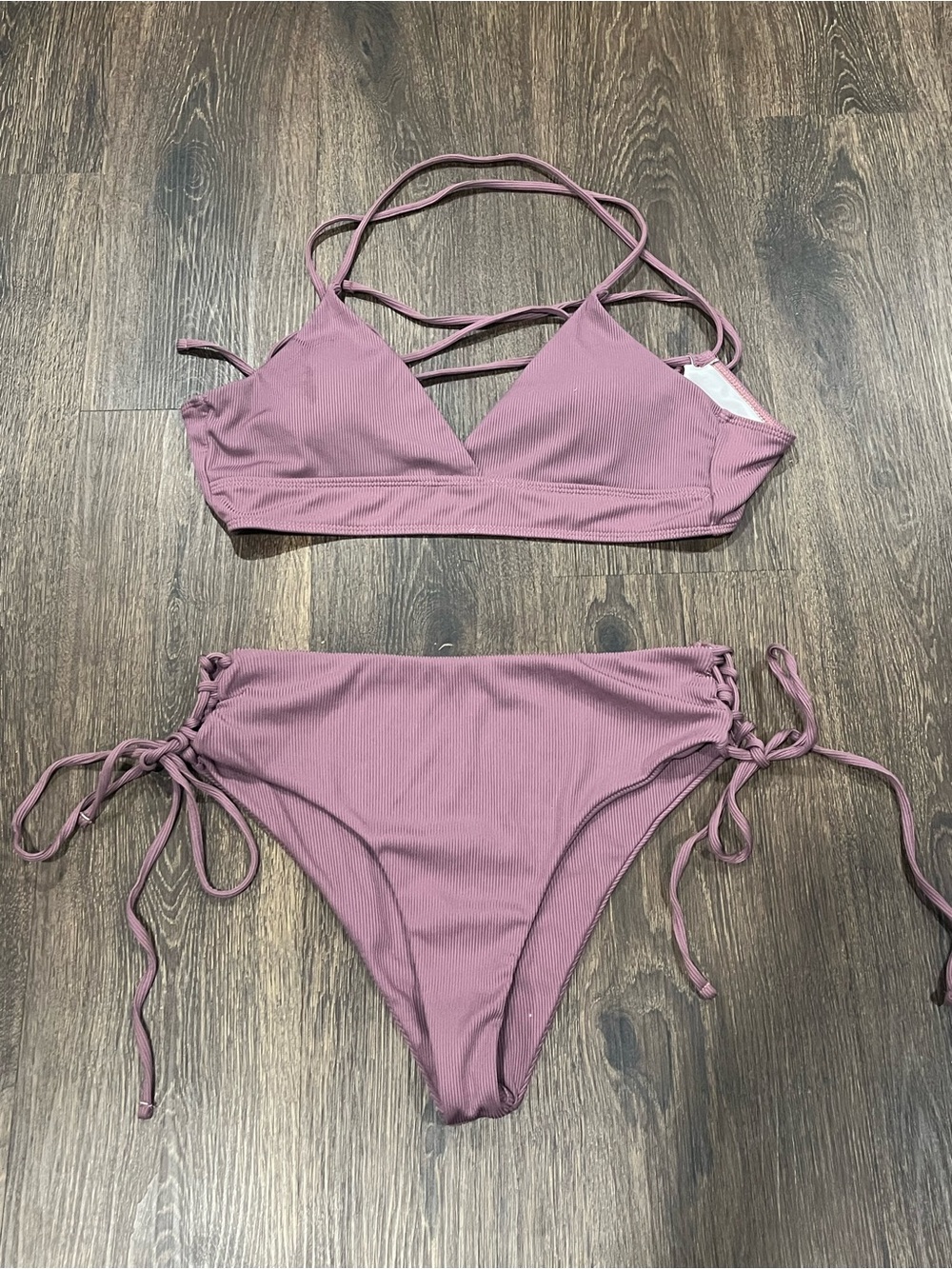 SHEIN Dusty purple Ribbed Strappy Tie-Side Bikini